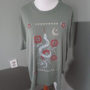 NWT sage  green t shirt snake flowers moon star L Large